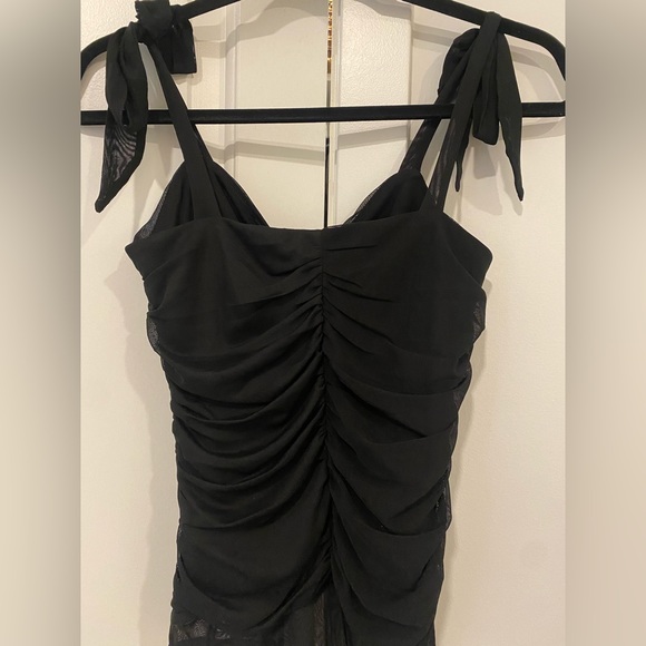 LuLus Eye On Me Black Mesh Tie-Front Ruched Bodysuit (MEDIUM) - Picture 10 of 10